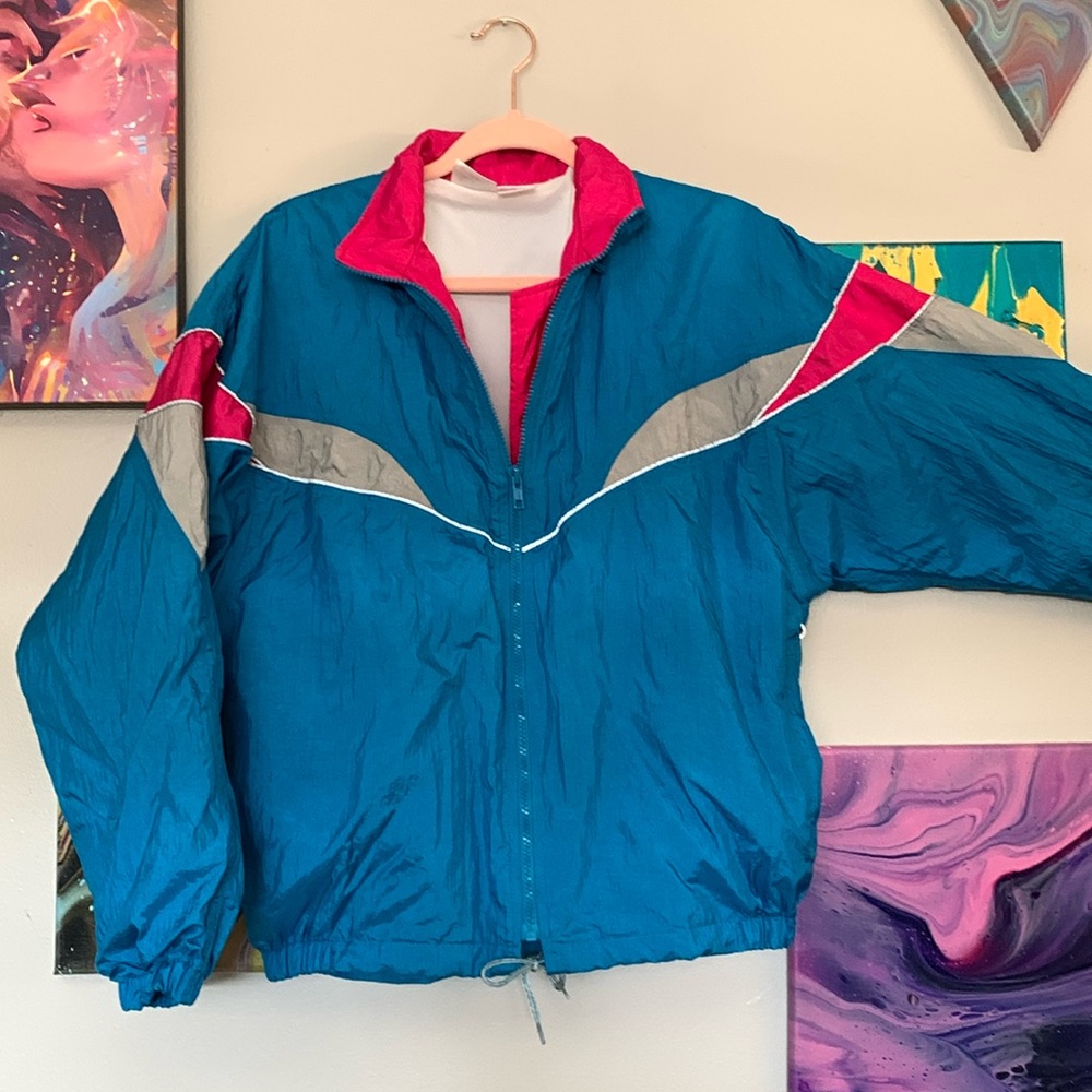 Bright blue vintage bomber jacket